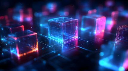 A digital landscape featuring glowing, translucent cubes in vibrant colors.