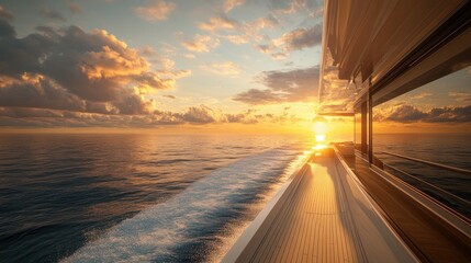 A peaceful vista from the yachtaes rear deck, with the wake trailing behind and an endless ocean view under golden evening skies