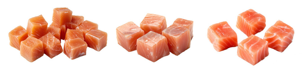Premium Fresh Salmon Cubes Isolated on Transparent Background &ndash; Ideal for Sushi, Sashimi, and Seafood Dishes