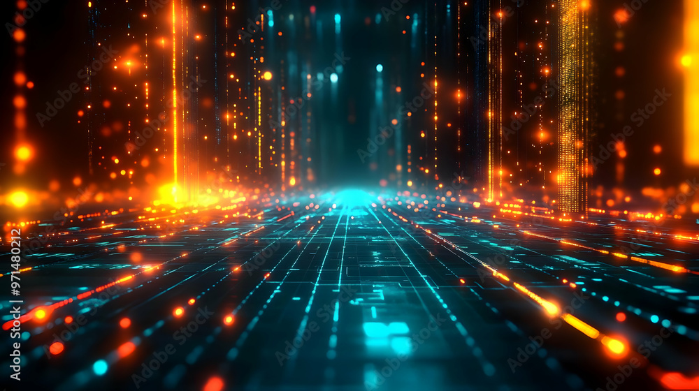 Poster a digital landscape with glowing lines and particles, creating a futuristic atmosphere.