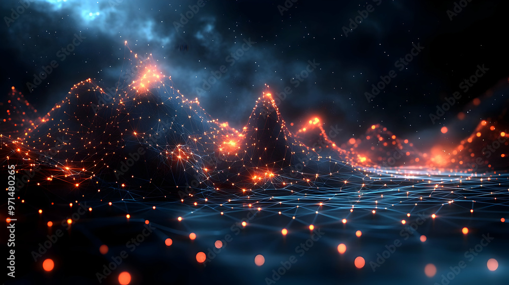Poster a digital landscape with glowing nodes and peaks, representing data and connectivity.