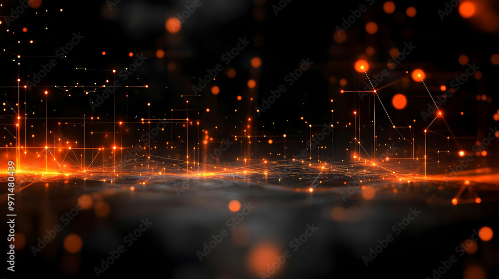 Poster a digital landscape with glowing particles and connections, representing technology and data flow.