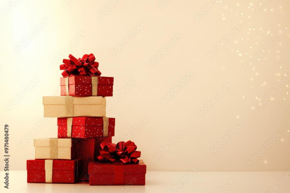 Poster stack of christmas gift boxes with red bows on a table with a warm background
