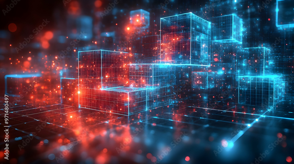 Poster a digital representation of 3d cubes with glowing effects, illustrating data visualization.