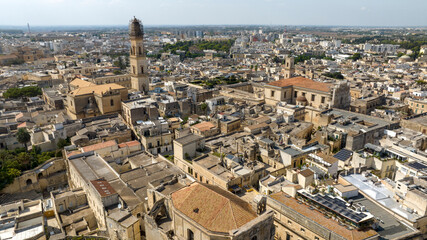 Aerial view of the church of Santa Irene and cathedral of Lecce, in Apulia, Italy. These two churches are located in the historic center of the city.