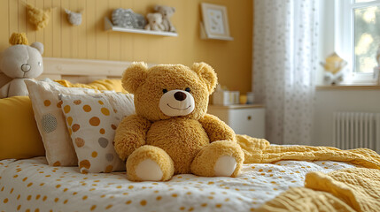 A cuddly teddy bear sits on a yellow bed with patterned pillows and a blanket. The room is decorated in a playful and childlike style.
