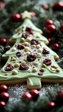 Detailed Green Christmas Tree Cookie with Festive Decor