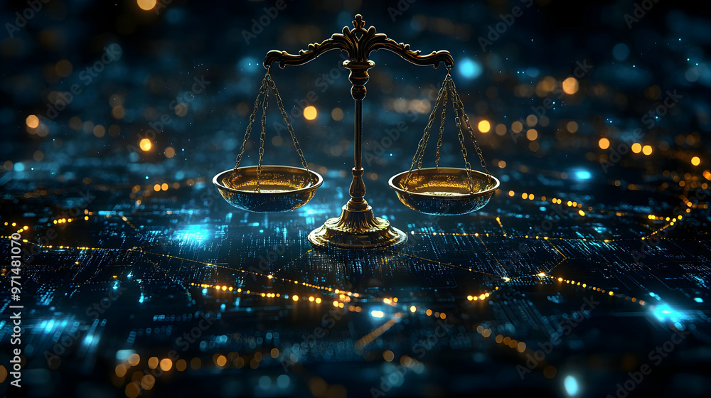 Poster a digital representation of balanced scales symbolizing justice and fairness in a modern context.