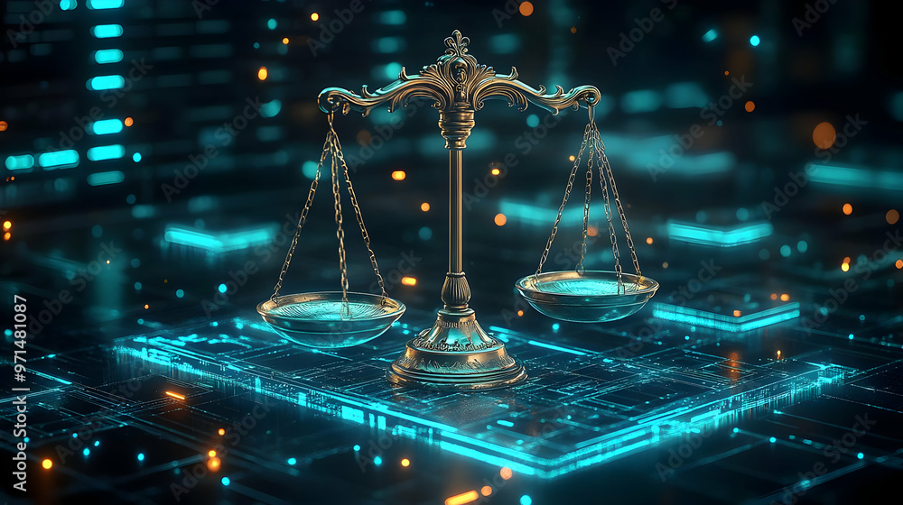 Poster a digital representation of balanced scales symbolizing justice and fairness in a tech environment.