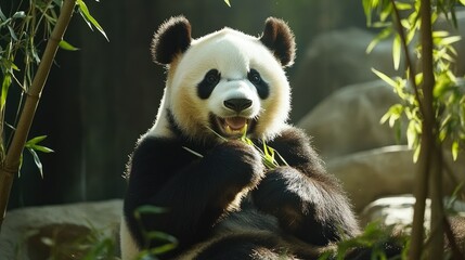 Fototapeta premium A playful panda sits in the zoo, happily eating bamboo while looking relaxed and at ease in its enclosure. The pandaaes joyful expression adds charm to this peaceful moment