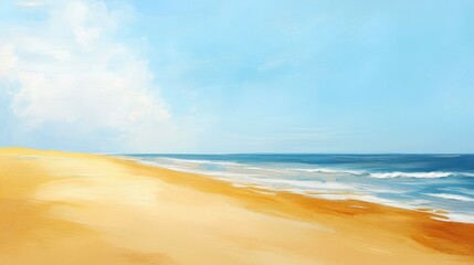 An Abstract Painting of a Beach and Ocean Under a Clear Blue Sky