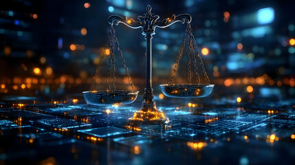 A digital representation of balanced scales symbolizing justice and law.