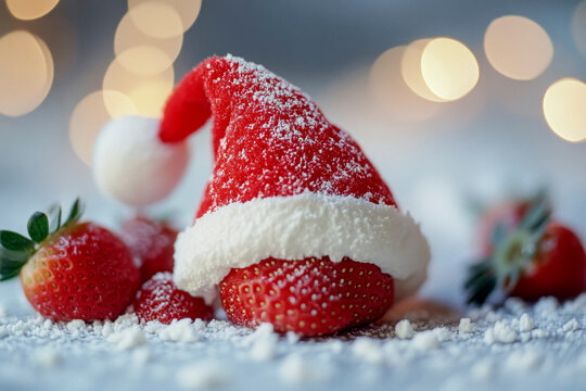 Festive strawberry dessert topped with Christmas Santa hat
