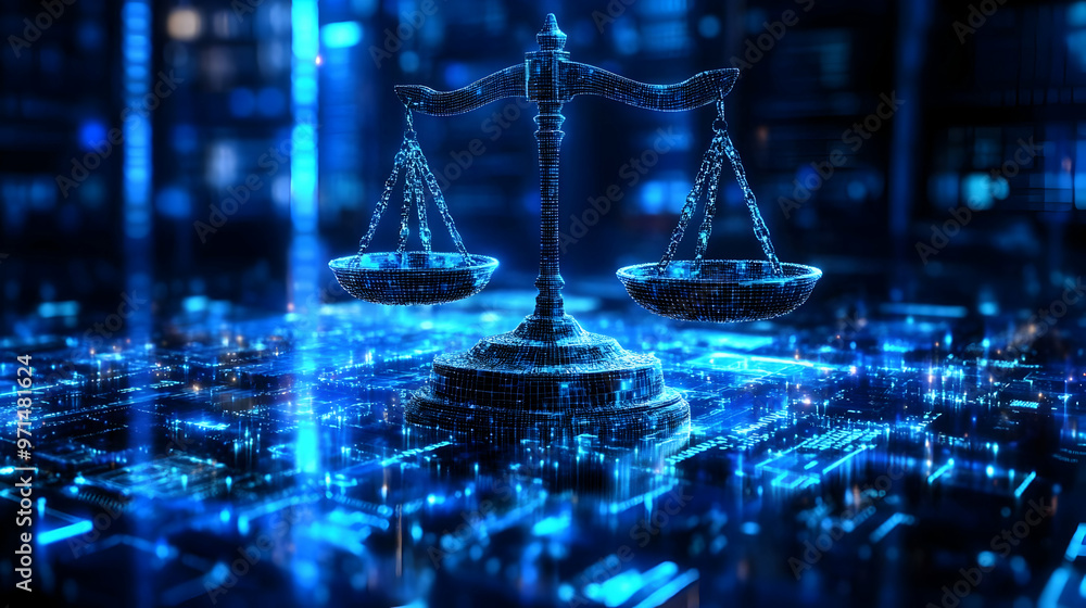 Poster a digital representation of balanced scales symbolizing justice and law in a tech environment.