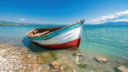 Fototapeta premium Eerie Beauty of Abandonment - A Weathered Fishing Boat Sinking into Oblivion Amidst Forgotten Dreams of the Sea