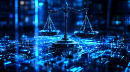 A digital representation of balanced scales symbolizing justice and law in a tech environment.
