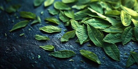 Green leaves on black background