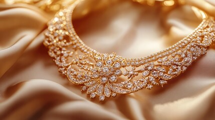 Close-up of a gold necklace adorned with diamonds and intricate detailing, beautifully displayed on a satin background, symbolizing luxury and elegance