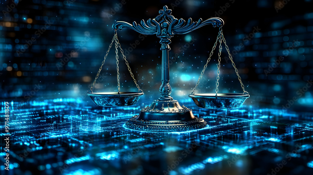Poster a digital representation of balanced scales symbolizing justice and law in a tech environment.