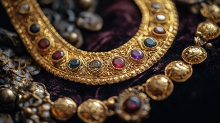 Obraz premium Close-up of a gold necklace with intricate designs and gemstones, artistically displayed on a velvet cushion, evoking timeless luxury