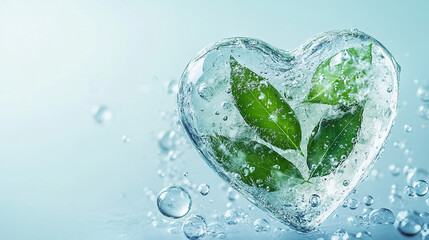Concept of an eco-friendly lifestyle a heart made from water with bubbles and a green leaf inside