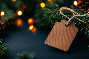 A simple brown gift tag hanging on festive greenery, illuminated by warm holiday lights, perfect for Christmas celebrations.