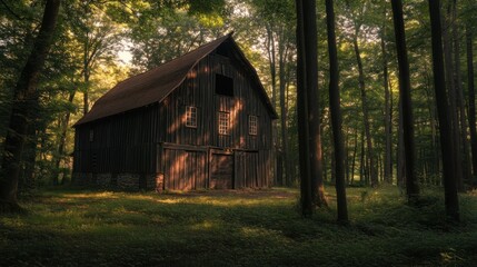 Rustic Barn in a Sunlit Forest