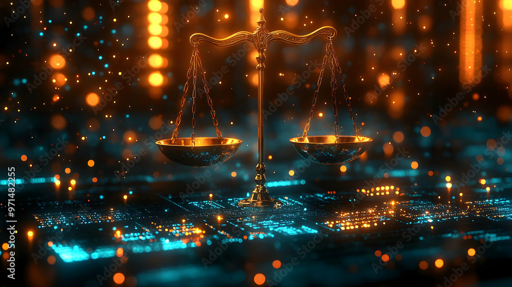Poster a digital representation of justice featuring a balanced scale over a tech-inspired background.