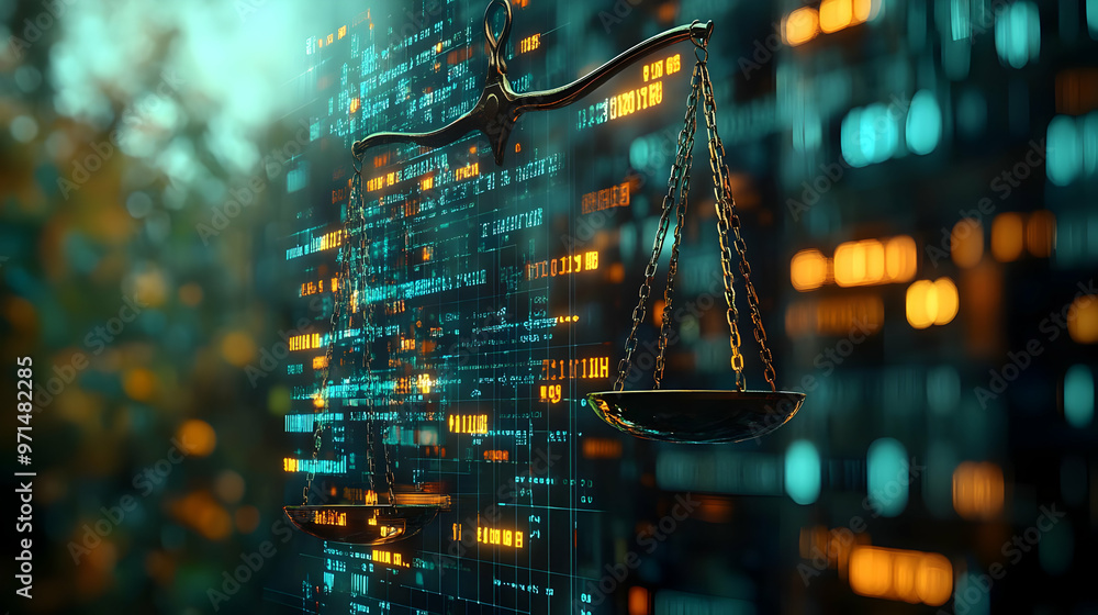 Poster a digital representation of justice with scales against a backdrop of data and technology.