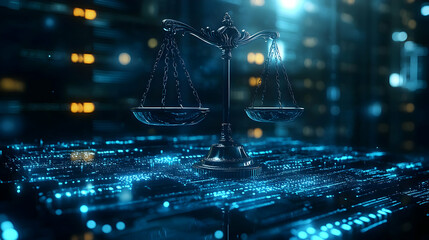 A digital representation of justice scales symbolizing law and fairness.