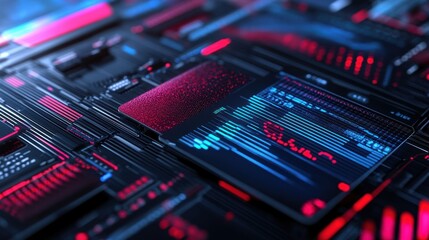 A close up of a computer screen with red and blue lights, AI