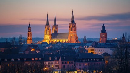 Mainz Cathedral at dusk, the towering spires glowing softly under evening lights, with the cathedral's ancient architecture standing out against the twilight sky.