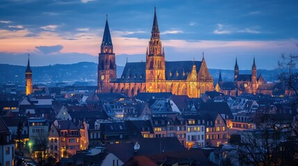 Fototapeta premium Mainz Cathedral at dusk, the towering spires glowing softly under evening lights, with the cathedral's ancient architecture standing out against the twilight sky.