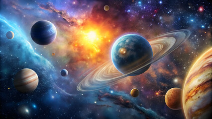 Stunning cosmic scene showcasing diverse celestial bodies, vibrant colors, and the vastness of space.
