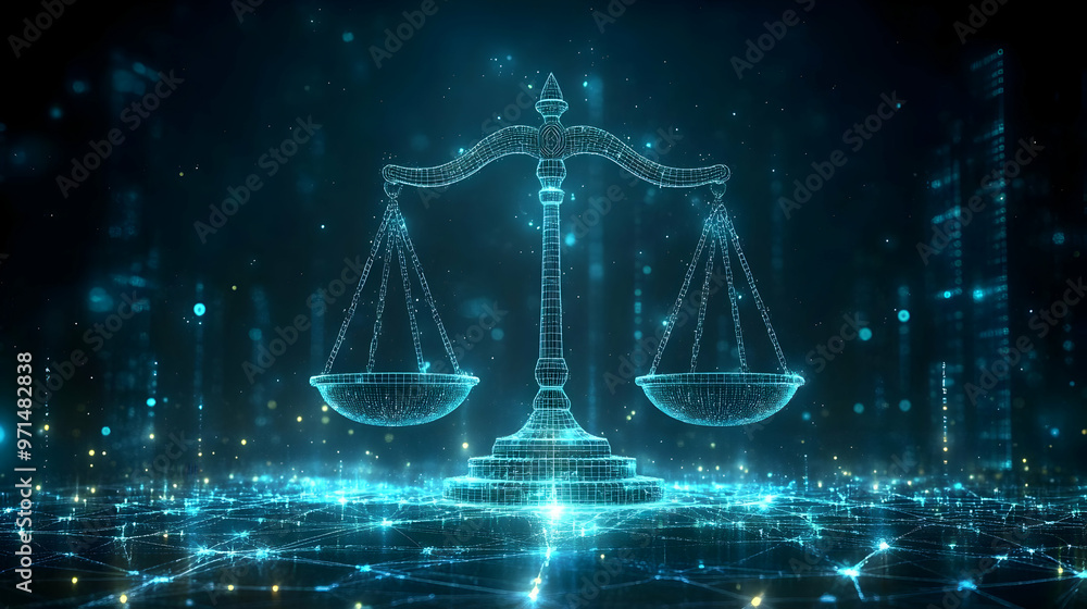 Poster a digital representation of scales symbolizing justice and balance in a modern context.