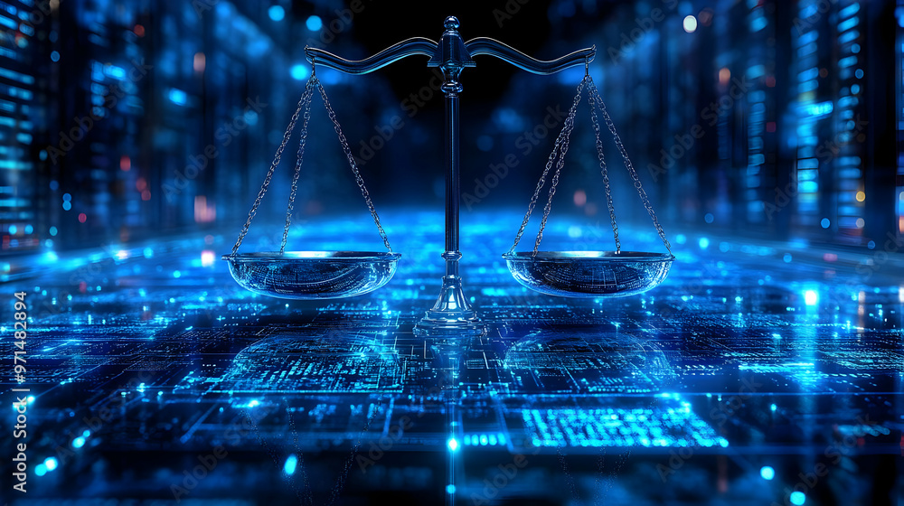 Poster a digital representation of scales symbolizing justice and balance in a tech-driven world.