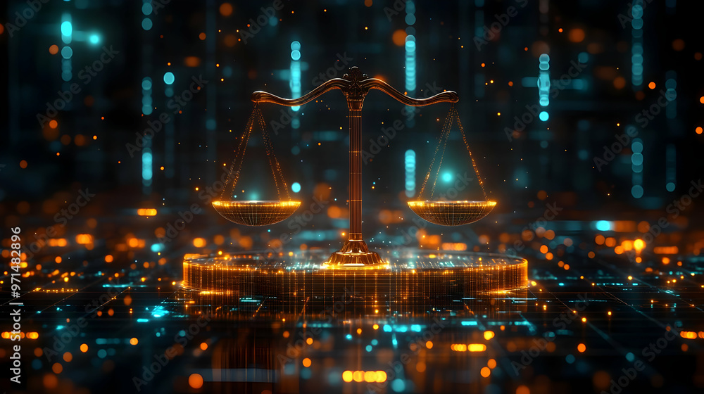 Poster a digital representation of scales symbolizing justice and balance in a tech-inspired environment.