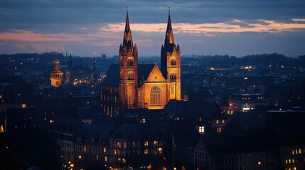 Fototapeta premium Mainz Cathedral at twilight, with the illuminated spires contrasting against the darkening sky, and the city lights beginning to twinkle below.
