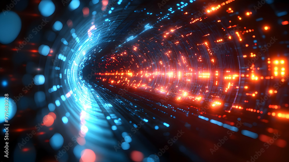 Poster a digital tunnel of blue and red lights, representing data flow and technology.