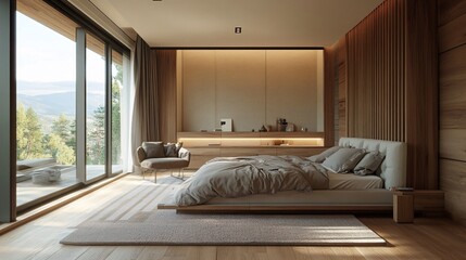 Modern Minimalist Bedroom with Wooden Walls and Large Windows