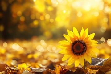 Naklejka premium Sunflower on the background of the autumn landscape with bokeh with generative ai