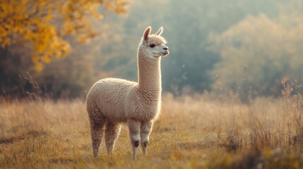 Alpaca in a Field with Autumn Background