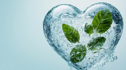 Concept of an eco-friendly lifestyle a heart made from water with bubbles and a green leaf inside