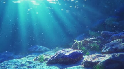 Fototapeta premium rocks and submerged vegetation in foreground, sunlight filtering through water's surface