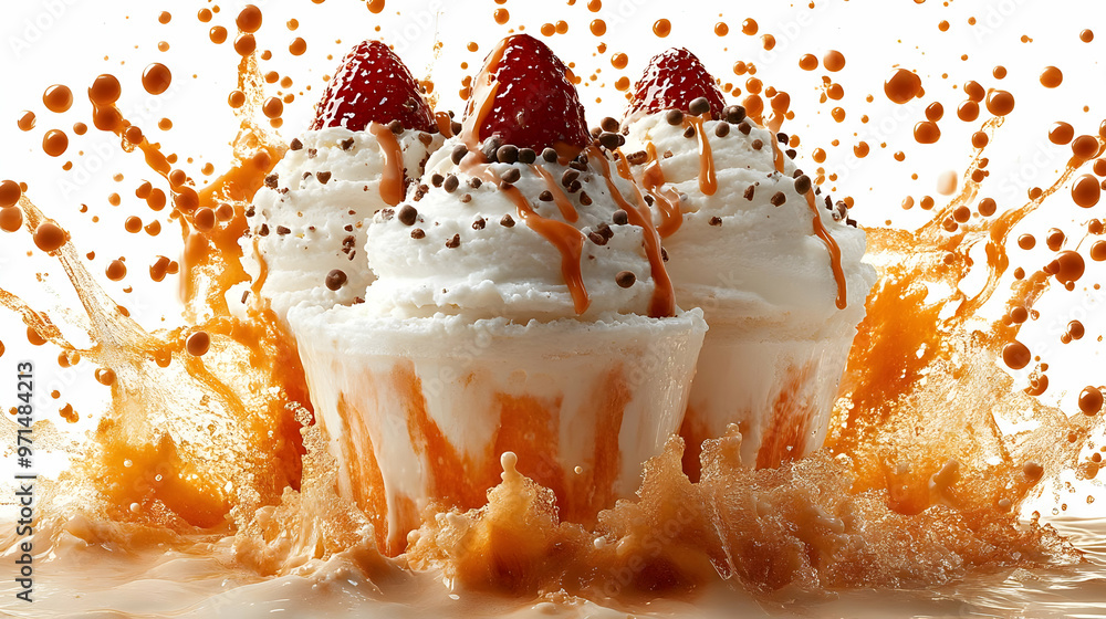 Aufkleber a dynamic dessert scene featuring ice cream cups splashed with caramel and topped with strawberries.