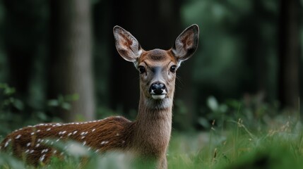 Fototapeta premium A deceipherably near image of a deer in an expanse of grass, surrounded by trees in the distant background, and a hazy tree line demarcating the edge of the frame
