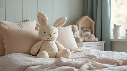 A plush bunny toy sits on a bed in a light and airy nursery.