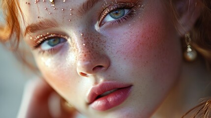 Close-up of a Woman's Face with Red Hair and Freckles