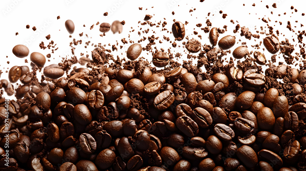 Poster a dynamic display of coffee beans and grounds, showcasing their rich texture and color.
