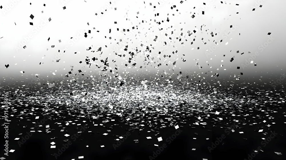 Poster a dynamic display of scattered black and white particles against a gradient background.